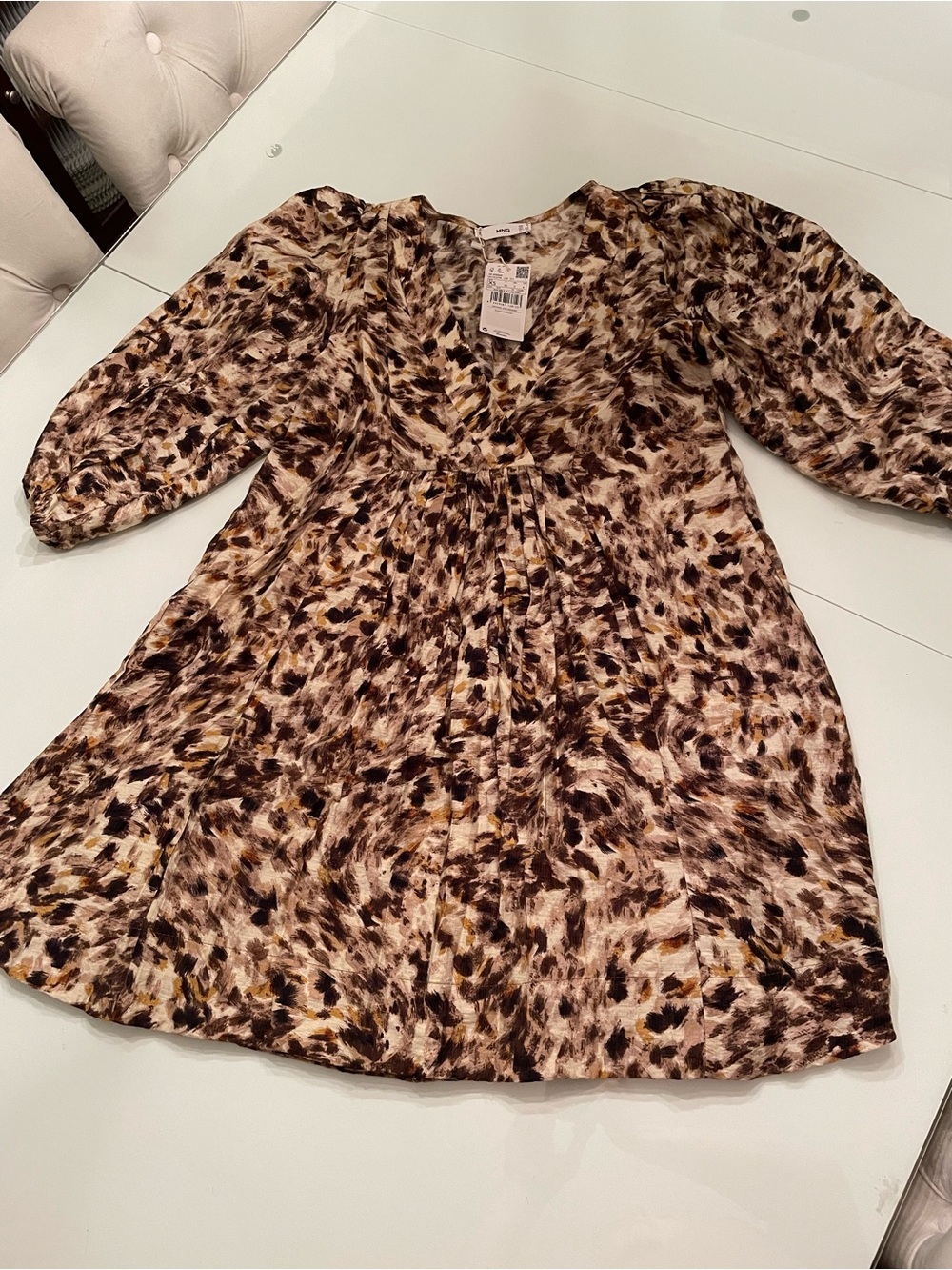 Mango Brown and Cream Printed puff sleeve Dress